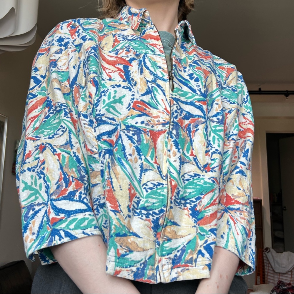 Vintage Abstract Botanical Print Linen Jacket